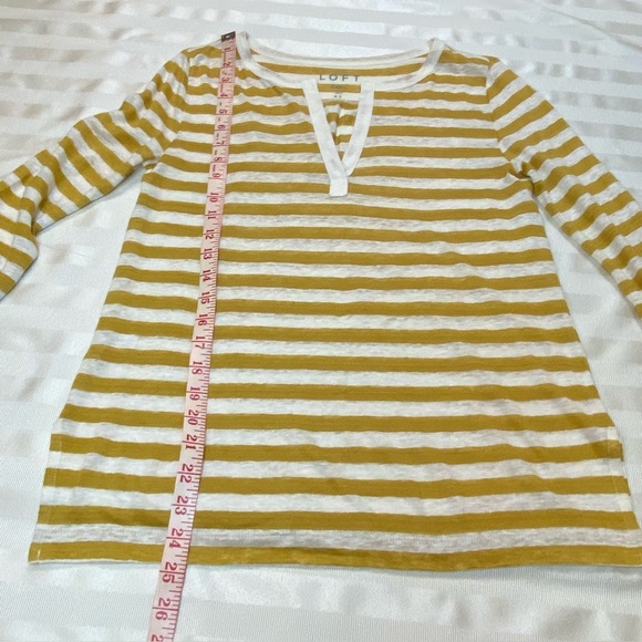 LOFT Linen Women’s V Neck Yellow/cream Striped 3/4 Sleeve Top XS.EUC - Picture 3 of 12
